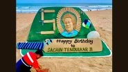 Happy Birthday Sachin Tendulkar: Sand Artist Sudarsan Pattnaik Makes Sculpture With 50 Sand Cricket Bats to Wish Master Blaster on His 50th Birthday