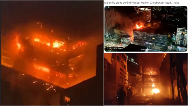 Thane Fire: Major Fire in Orion Business Park Behind Cine Wonder Mall on Ghodbunder Road, Kapurbawdi Junction, Videos Capture Huge Flames in Commercial Complex