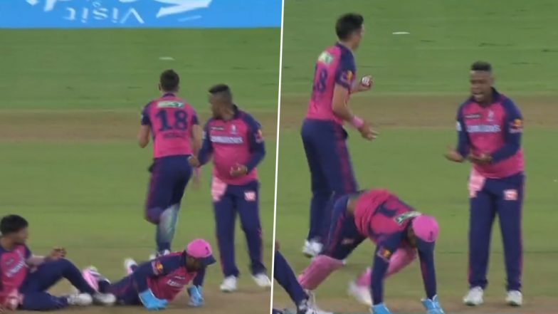 Presence of Mind! Trent Boult Takes Catch After Three Rajasthan Royals' Players Collide During GT vs RR IPL 2023 Match (Watch Video)