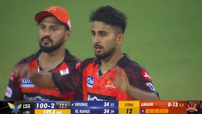 Speed Alert! Umran Malik Bowls 149.3 Kmph Delivery to Dismiss Krunal Pandya During LSG vs SRH IPL 2023 Match