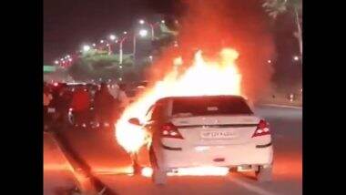 Uttar Pradesh: People Jump Out of Burning Car in Lucknow's Vrindavan Sector 10 (Watch Video)