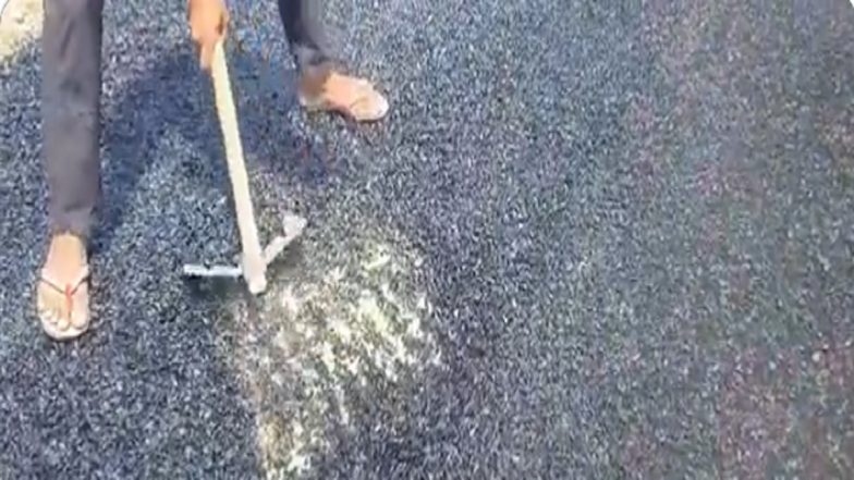 Uttar Pradesh: Newly Constructed Road in Kannauj Erodes Easily (Watch Video)