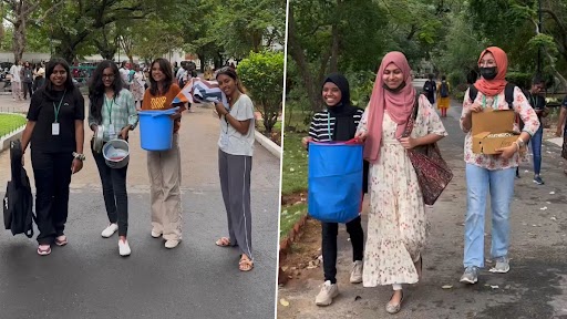 Chennai College Students Celebrate ‘No Bag Day’ With Creative Spirit, Carry Their Stuff in Cooker, Bucket and Other Funny Things (Watch Video)