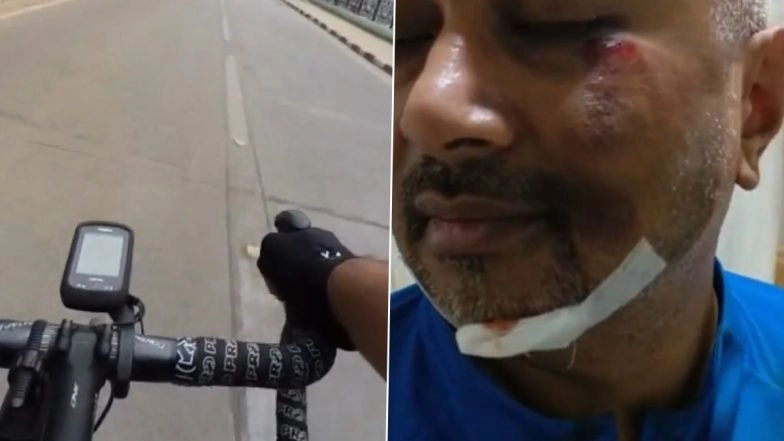 Mumbai Cyclist Meets With an Accident After His Tyre Gets Stuck in Gap of an Iron Grill Drain Laid on Road (Watch Video)