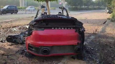 Porsche Catches Fire in Haryana: Speeding Luxury Car Burns to Ashes After Colliding With Tree on Golf Course Road in Gurugram (See Pics)