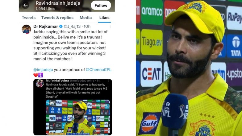 IPL 2023: Ravindra Jadeja Likes Controversial Tweet That Criticises CSK Fans for Cheering All-Rounder’s Wicket To See MS Dhoni Bat