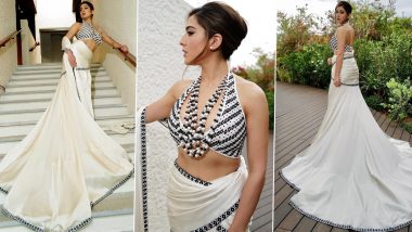 Cannes 2023: Sara Ali Khan Strikes Powerful Poses in Black and White Saree with a Modern Twist and Long Train! (View Pics)