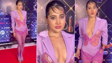 Uorfi Javed Exposes Her Butt in Lavender Jacket Bodysuit with Butterflies and Stockings As She Attends an Event (Watch Video)