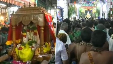 Chithirai 2023: Thousands of Devotees Attend 'Thirukalyanam' on 9th Day of Tamil Hindu Festival in Madurai (Watch Video)