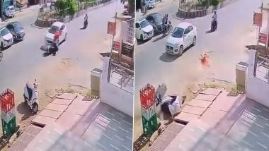 Road Accident in Uttar Pradesh: Woman Flung in Air As Car Rams Into Scooter in Agra (Watch Video)