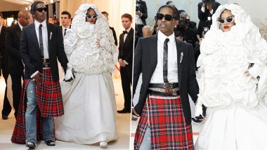 Met Gala 2023: Rihanna Arrives Fashionably Late in Voluminous White Gown with A$AP Rocky in Suit and Checkered Skirt! (View Pics and Video)