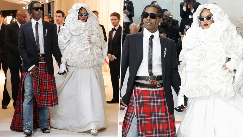 Met Gala 2023: Rihanna Arrives Fashionably Late in Voluminous White Gown with A$AP Rocky in Suit and Checkered Skirt! (View Pics and Video)