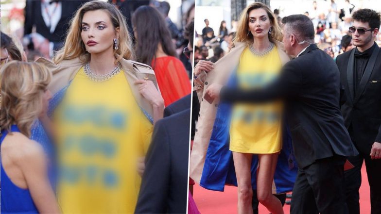 'Fu** You Putin': Ukrainian Model Alina Baikova Dons Yellow Dress With XXX Message Against Russian President at Cannes 2023, Makes Big Political Statement