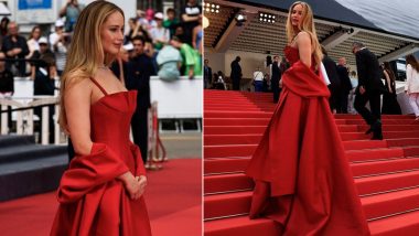 Jennifer Lawrence at Cannes 2023: The Hunger Games Actor Looks Radiant in a Classic Red Gown (View Pics)