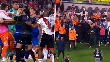 Seven Red Cards! Players, Coach Sent Off After Mass Brawl Breaks Out in River Plate vs Boca Juniors Match Following Injury Time Penalty (Watch Video)