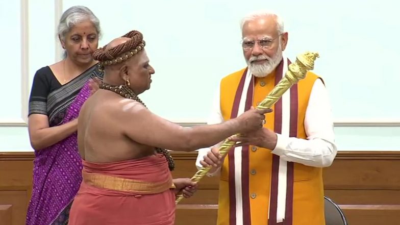 PM Modi Handed Sengol: Ahead of New Parliament Inauguration Ceremony Adheenams Handover The Sengol to Indian Prime Minister (View Pics & Video)