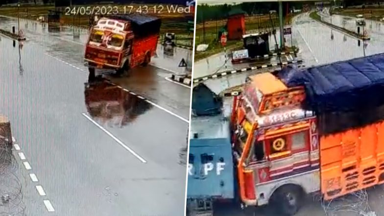 Jammu and Kashmir Road Accident Video: Speeding Truck Rams Into CRPF Vehicle in Awantipora