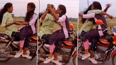 PDA on Bike Video: Two Girls Hug and Kiss Each Other on Moving Two-Wheeler, Clip of Dangerous Stunt Goes Viral