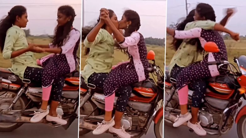 PDA on Bike Video: Two Girls Hug and Kiss Each Other on Moving Two-Wheeler, Clip of Dangerous Stunt Goes Viral