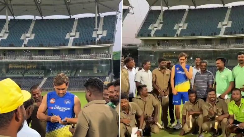 IPL 2023: MS Dhoni Signs Autographs, Take Pictures With Chepauk Ground Staff After GT vs CSK Qualifier 1 (Watch Video)