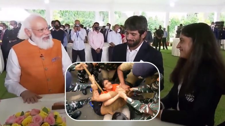 Bajrang Punia, Sakshi Malik, Vinesh and Sangeeta Phogat Detained: Congress Shares Video of PM Narendra Modi With Olympians in Scathing Attack Over Detention of Protesting Wrestlers