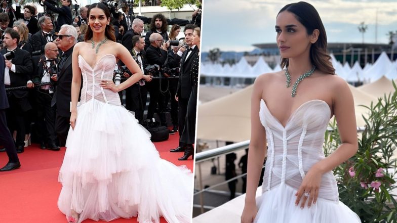 Cannes 2023: Manushi Chhillar Walks the Red Carpet in White Off-Shoulder Couture Gown (View Pics)