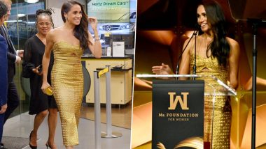 Meghan Markle Defines Royalty In Jaw-Dropping Metallic Gold Dress Worth $12,000 (See Pics)