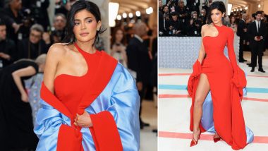 Met Gala 2023: Kylie Jenner Looks Red Hot in a Thigh-High Slit Gown (View Pics)