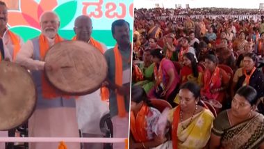 Karnataka Assembly Election 2023: PM Narendra Modi Tries Hands on Traditional Musical Instruments in Chitradurga (Watch Video)