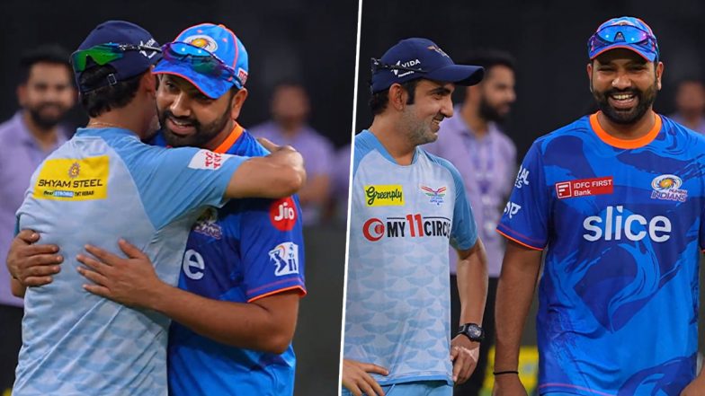 IPL 2023: Gautam Gambhir Meets Rohit Sharma, Hugs Him Ahead of Crucial LSG vs MI Clash (Watch Video)