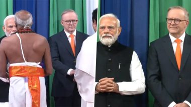 PM Narendra Modi Welcomed With Vedic Chanting, Other Indian Traditional Ways at Qudos Bank Arena in Presence of Australia PM Anthony Albanese in Sydney (Watch Video)