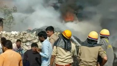 Uttar Pradesh Fire: Massive Blaze Erupts at Chemical Factory at Parsakhera Industrial Area in Bareilly (Watch Video)