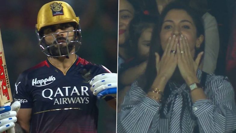 Anushka Sharma Blows Flying Kisses to Virat Kohli After His Second Consecutive Century in IPL 2023 During RCB vs GT Match (Watch Video)