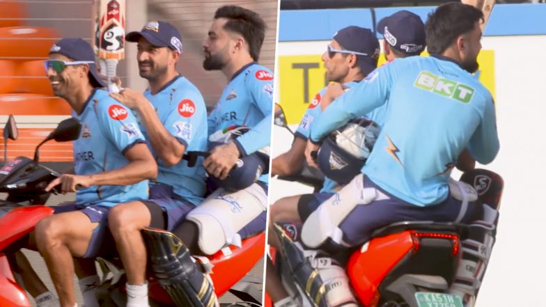 'Entering Finals In Scooty' Gujarat Titans Head Coach Ashish Nehra, Mohit Sharma and Rashid Khan Enjoy A Ride Ahead of IPL 2023 Summit Clash With CSK (Watch Video)