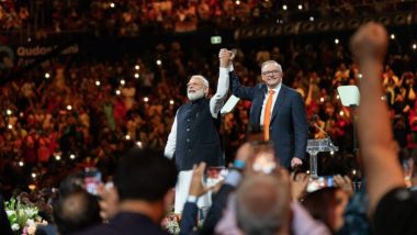 PM Narendra Modi Gets 'Rockstar Reception' Wherever He Goes, Says Australia PM Anthony Albanese at Sydney’s Jam-Packed Qudos Bank Arena (Watch Video)