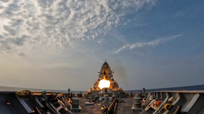 Indian Navy Successfully Test-Fires BrahMos Supersonic Cruise Missile Using Destroyer INS Mormugao, Hits 'Bulls Eye' (Watch Video)