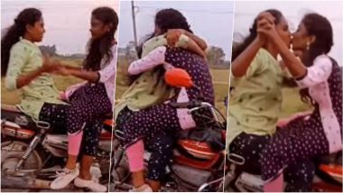 Girls Kissing on Bike Video: Two Salwar Suit-Clad Girls Hug and Kiss Each Other on Moving Motorcycle, Clip of Dangerous Stunt Goes Viral