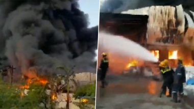 Gujarat Fire: Massive Blaze Erupts at Plastic Factory in Kheda District, No Casualty Reported (Watch Video)