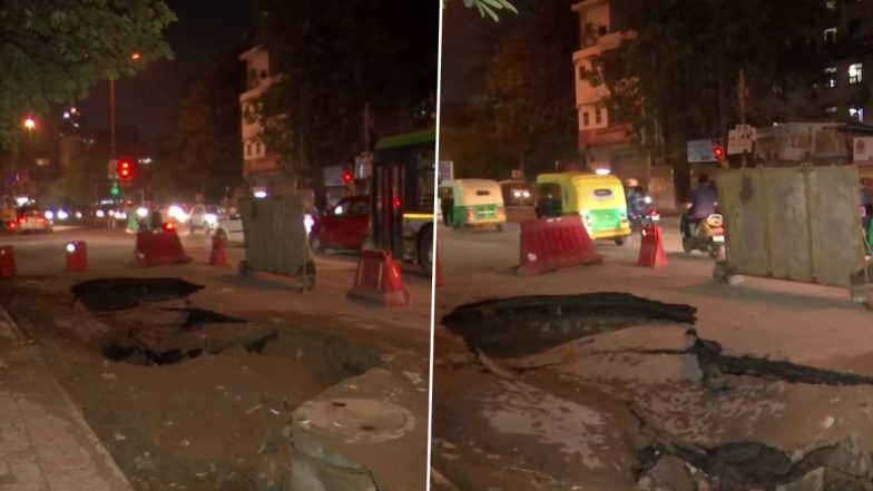 Delhi: Heavy Rain Leads to Road Cave-In in Hauz Rani Area, Repair Work Underway (See Pics)