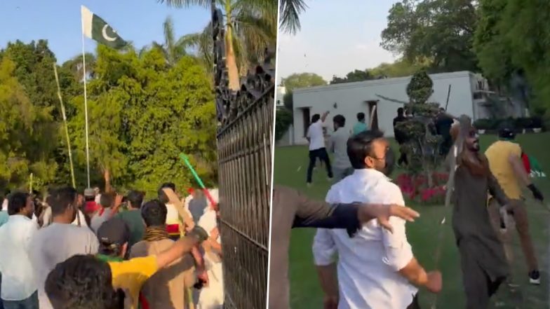 Imran Khan Arrested: Angry PTI Supporters Storm Pakistan Army Headquarters in Rawalpindi, Corps Commanders’s House in Lahore (Watch Video)