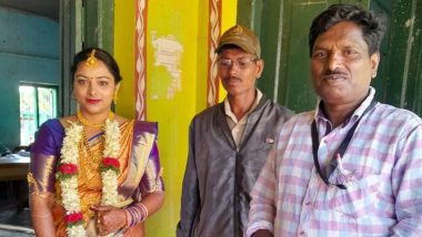 Karnataka Assembly Elections 2023: Bride Casts Her Vote in Wedding Dress At Polling Booth Number 165 in Chikkamagaluru (See Pic)