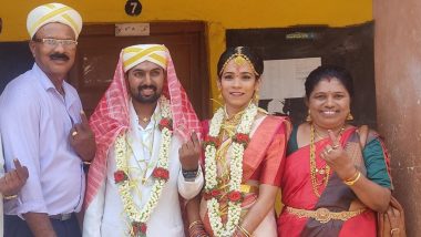 Karnataka Assembly Elections 2023: Bride and Groom Reach Poll Booth in Wedding Attire, Cast Vote in Mysuru (See Pic)