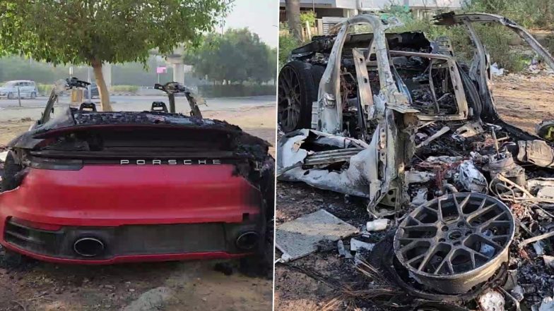 Porsche Goes Up in Flames in Gurugram: Luxury Car Gutted in Fire After Hitting Tree At Golf Course Road, No Casualties Reported (See Pics)