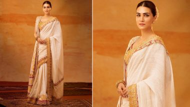 Kriti Sanon Looks Elegant in Double-Drape Saree Featuring 24-Carat Gold Print For Adipurush's Trailer Launch (View Pics)
