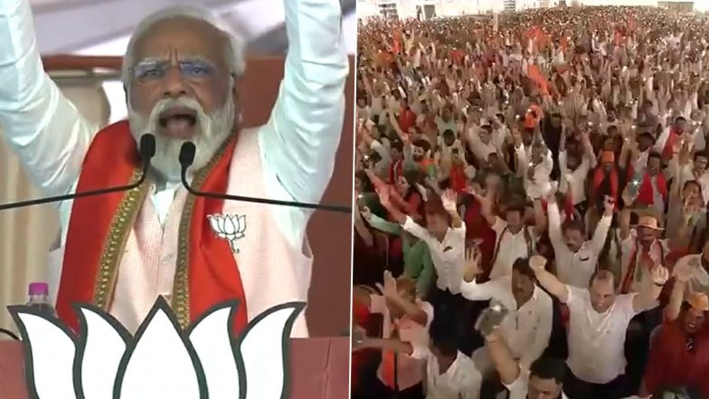 Karnataka Assembly Elections 2023: PM Narendra Modi Concludes His Rally in Mudbidri With 'Bajrangbali' Chants Amid Row Over Banning Bajrang Dal Outfit (Watch Video)