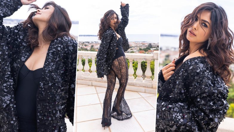 Mrunal Thakur at Cannes 2023! Actress Slays in Black Swimsuit Paired With Blingy Jacket and Lacy Pants at the Gala Event (View Pics)