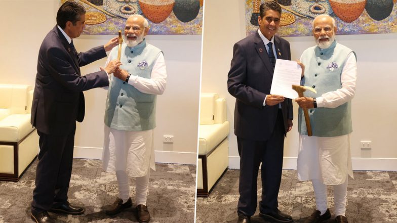 PM Narendra Modi Honoured With Palauan Tool 'Ebakl', a Symbol of Leadership and Wisdom by Palau President (See Pics)