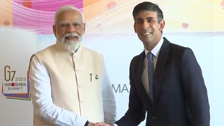 PM Narendra Modi and British Counterpart Rishi Sunak Share a Hug As They Hold Bilateral Meeting at G7 Summit in Japan (Watch Video)