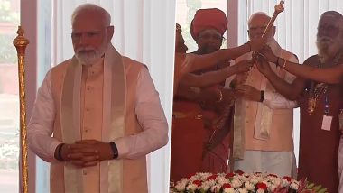 New Parliament Inauguration: PM Narendra Modi Installs Sacred ‘Sengol’ in Lok Sabha Chamber (Watch Video)