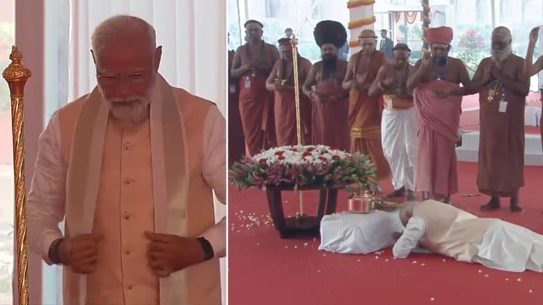 PM Modi Bows Before Sacred 'Sengol' as Mark of Respect Before Installing Historical Sceptre in New Parliament Building (Watch Video)